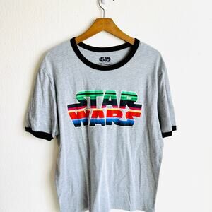 Star Wars T-Shirt Classic Logo Multi Color Rainbow Striped Graphic Size 2XL